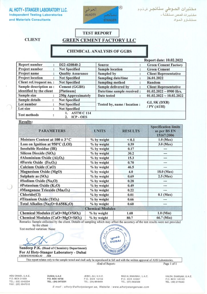 GGBS Platinum Third Party Chemical Test Report page 0001